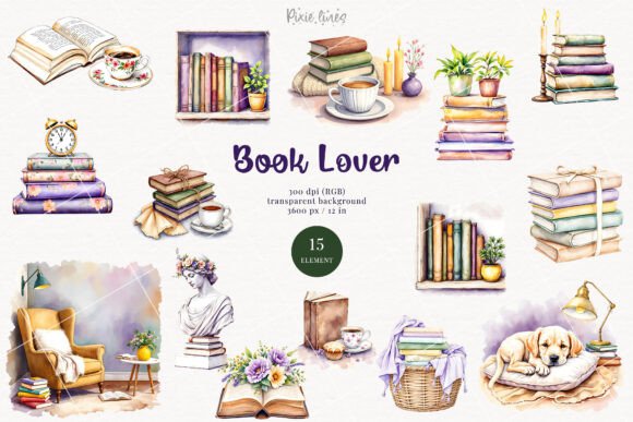 Download Watercolor Book Lover Elements, Bookworm - Element Collection