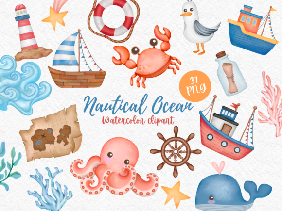 Download Nautical Ocean Elements Watercolor - Element Collection